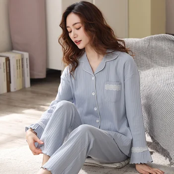 Bombažno Pižamo za Ženske Roza Pijamas Nastavite More Pomlad Bombaž Sleepwear Ženske 2021 Moda PJ Novo Pyjama Femme