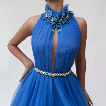 Eightale Kristali Večerne Obleke Seksi Visoko Vratu Gub A-Line Til Modra Beaded Okrasnih Sashes Maturantski Oblek za Maturo