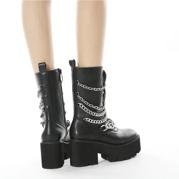 2021 Demonia Gothic Črni Škornji Za Ženske Visoke Pete Ženski Čevlji na platformi Čipke-Up Black Seksi Kovice Verige Kratke Čevlji