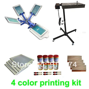 HITRO BREZPLAČNO dostavo 4 barve silk screen printing kit flash za lase plastisol črnilo t-shirt tiskalnik raztegne okvir squeegee