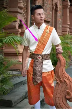 Tajski slog Dai vode oroševanjem Festival obleke, moške Obleke Majica +Hlače + pas foto potovanja kažejo, poletje Oranžna, Bež Obleka