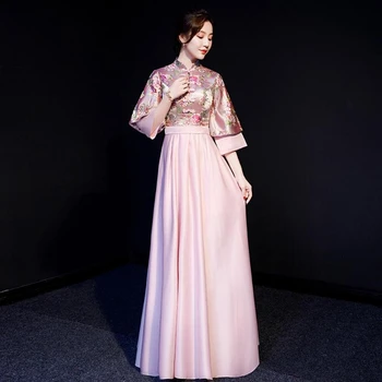 Ženske Tradicionalna Kitajska Poročna Obleka Qipao Dolgo Cheongsam Rdeče Saten Nevesta Orientalski Obleke Zlato Brocade Obleke Družico Robe