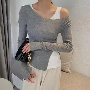 Moda 2021 jeseni ženske poševnica vratu oversize dolg rokav T-shirt tee 2 kos 2 določa barvo ddxgz2