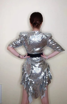 Sequined ramen blazine, peneče jopičem kostume, pevka gost DS fazi obleko Seksi sparkly plesno obleko