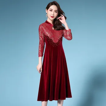 Vino Rdeče Kitajski Letnik Poročno zabavo Obleko za Ženske Plus Velikost M-5XL Vezenje Žamet Stojalo Ovratnik Naguban Obleke Pozimi 2019