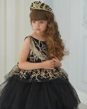 Malo Črno Baby Cvet Dekleta Obleke za Stranko Poroko z Bleščicami Aplicirano Pageant Obleko V Backless Rojstni dan Halje Visok Nizek