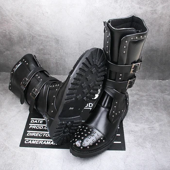 Moški luksuznih modnih pravega usnja čevlji črne sponke čevlji visoko platformo boot punk motocikel dolgo botas masculinas chaussures