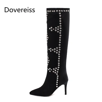 Dovereiss Modnih ženskih Čevljev, ki Pozimi jedrnato Čiste barve nove seksi Zdrsne na Kolena visoki škornji Stilettos petah 33-42