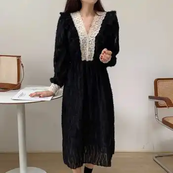 Ženski Čipke Mozaik Proti-Vrat Dolg Rokav Ruffles Obleke Letnik Korejski Eleganco A-Line Svoboden Ženske Obleko Maxi