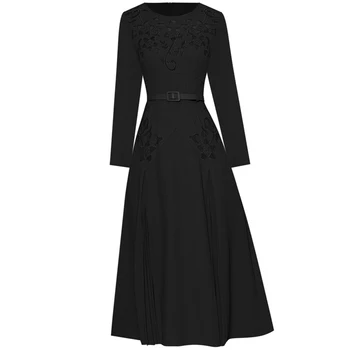 Moda vzletno-pristajalne Steze 2021 Jeseni Obleko Ženske Novega Modela, Votlih iz Vezenje Očesa Letnik Elegantno Črno Modra Urad Dama Obleke