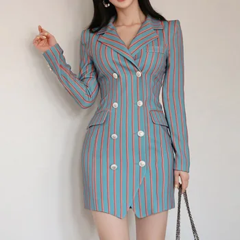 2022 Novi korejski Slog OL Temperament Self-gojenje Dvojno zapenjanje Modna Torba Hip Prugasta Strokovno Obleka Jakna Ženske