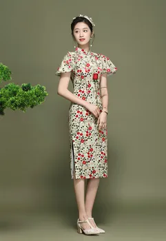 Cheongsam Dress Vintage Kitajski Slog 2021 Pomlad Poletje Stojalo Ovratnik Metulj Rokavi Slim Split Cvetlični Obleko Midi S-XL
