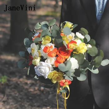 JaneVini 2020 Oranžna Rumena Poročni Šopek Neveste Umetno Cvetje Svile Rose Listi Poročne Šopke Mariage Broška braut blume