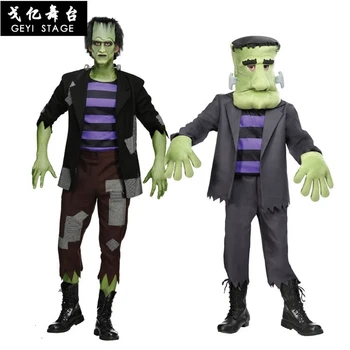 Novi zeleni frankenstein mišice obleko Halloween kostum za odrasle otroke, cosplay moški kombinezon z masko dodatki