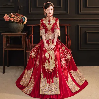 Kitajski Nevesta Rdeče Phoenix Vezenje Cheongsam Zveze Obleko Luksuzni Qipao Klasično Poročno Obleko