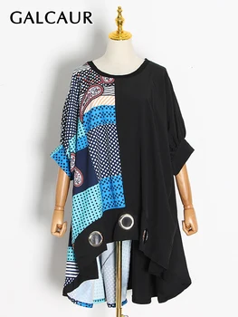 GALCAUR Mozaik Colorblock Obleke Za Ženske O Vratu Kratek Rokav Visoko Pasu Svoboden Žensk Priložnostne Obleko Modne Novo 2021