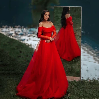 Ženske Seksi Rdeče Princesa Til Maturantski Obleko Off Ramo Dolgimi Rokavi, Zadrgo Nazaj Večerne Savdska Arabija