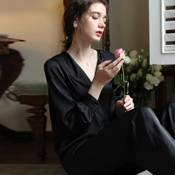 črna Saten Pižamo Haljo Določa S Krila Doma Obleko Za Ženske Sleepwear tričetrt Rokav kopalni plašč Split Hlače Spomladi 2021