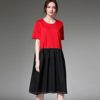 Ženske priložnostne moda razsuta prepleteno mrežo Mozaik obleke visoko pasu okoli vratu Elegantno obleko poletje novo kratek rokav obleka Črna rdeča