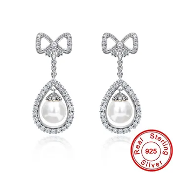 Bowknot Pearl Diamant uhani Realno 925 Sterling silver Poroka Stranka Visijo Uhani za ženske Poročne Posla Nakit