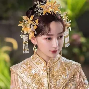 Vintage Kitajski Etnični Cvet Nevesta Lase, Glavniki Lasnice Tranditional Zlato Poroko Kostum Xiuhe Glavo Pribor Za Lase Nakita