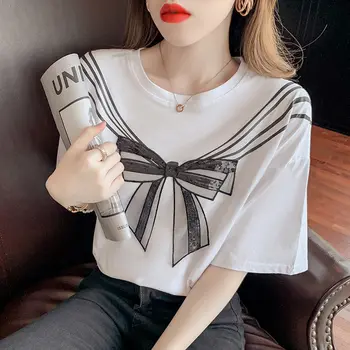 Bombaža T-srajce Ženske Letnik korejski Moda Kratek Rokav Plus Velikost Seks Crop Tops Harajuku Kawaii Tee Shirt Femme Ropa Mujer 278