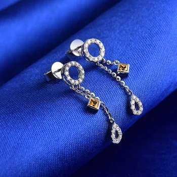 Elegantna Oblika, Naravno Rumena, temno modra Diamond Spusti Uhan Pravi Trdni 18K Belim Zlatom Dobro Gem za Ženo Božič Nakit Darilo