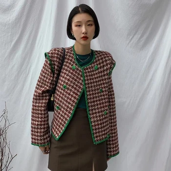 2021 jeseni in pozimi novo houndstooth jakna ženske modni priložnostne temperament dolgo sleeved dvojno zapenjanje kratek vrh