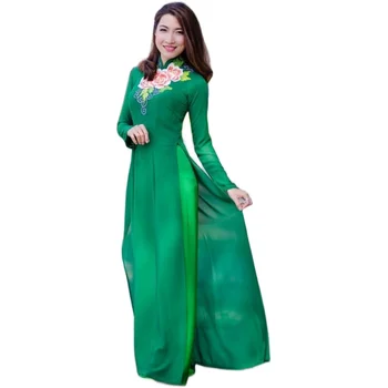 Zelena Peony prilagojene aodai vietnam obleko cheongsam vietnamski tradicionalno obleko orientalskih kostumov hlače in plašč
