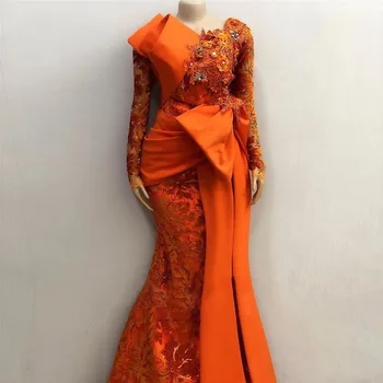 Vintage Afriške Čipke Morska Deklica Večerne Obleke 2021 Aso Ebi Dolge Rokave Beaded Oranžna Maturantski Oblek Obleko Haljo De Soiree Plus Velikost