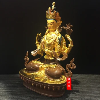 22 cm--doma družine učinkovita Zaščita Štirih oboroženih Avalokitesvara Bidhisattva medenina Guanyin pozlačen kip Bude