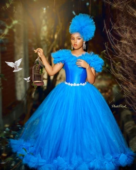 Očarljivo Modra Dekleta Pageant Obleke Žogo Obleke Dodatno Zabuhle Til Cvet Dekle Obleko Za Poroko Kratek Rokav Kristalno Pasu