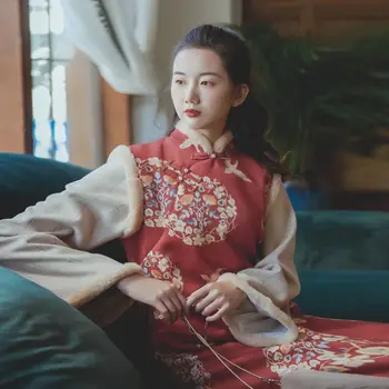 Jeseni, Pozimi Izboljšano Cheongsam Mladi Kitajski Stil Dekle Tang bo Ustrezala Elegantne Retro Natisnjeni Obleko, dvodelno,