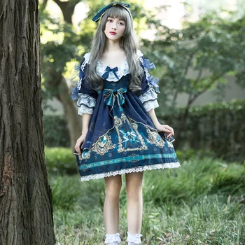 Japonska princesa dnevno tea party sweet lolita obleko letnik čipke bowknot tiskanje visoko pasu viktorijanski obleko kawaii dekle loli