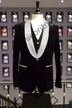 (Suknjič+Hlače+Telovnik) Elegantni Črni Saten River Man Obleko 3 Kos Poroko Tuxuds Nastavite Moški Oblačila Za Groomsman Kostum