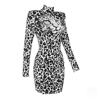 2021 Jeseni In Pozimi Nove Ženske Visoko Vratu Dolg Rokav Leopard Tiskanja Gube Bodycon Povoj Mini Obleka Elegantna Stranke Obleke