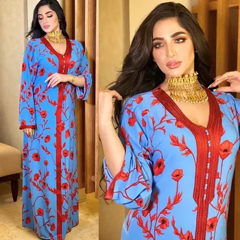 Moda za Ženske Muslimanskih Dolgo Obleko Cvjetnim Tiskanja Elegantno Abaya Islamske arabski Maxi Haljo Ramadana Turčija Maroški Caftan Proti-vrat Obleko