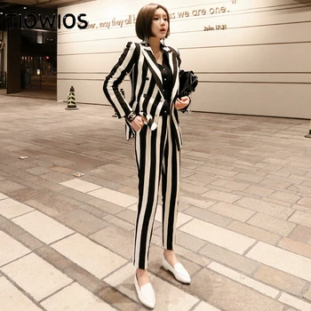 TIOWIOS 2021 Ženska Nove korejske Ženske Temperament TRAK Dvojno Zapenjanje Suknjič Slim Dolgo Poslovna Obleka
