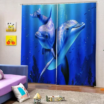 Foto modro morje, delfinov, zavese 3D Blackout Zavese Za dnevno sobo stereoskopski zavese