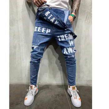 Moške jumpsuit besedilo naramnice za moške jeans jeseni ulica kombinezon, moda, tek denim kombinezon moški