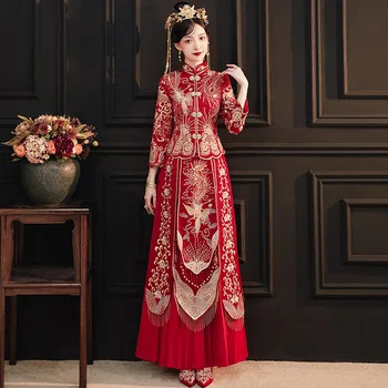 Kitajski Ženske Poročno Obleko 5XL Cheongsam Kitajski Stil Poroke Nastavite Suzhou Vezenje Nevesta Kostum Vintage Oblačila Toast