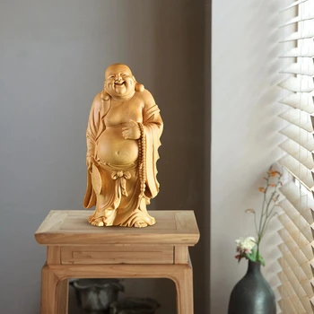 CCZHIDAO Vesel Buda Budai 12/18 CM Leseni Kip Smeh Bog z Ventilatorjem Budistični Maitreja Menih Trdna Kitajski Šimšir Kiparstvo