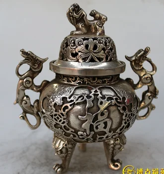 Redke Stare Dinastije Ming srebro censer/ kadila štedilnik,Vklesan dragon&Lev,z oznako,Brezplačna dostava